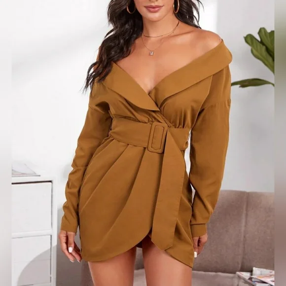 Belted Foldover Off-The-Shoulder Wrap Dress - Picture 1 of 5